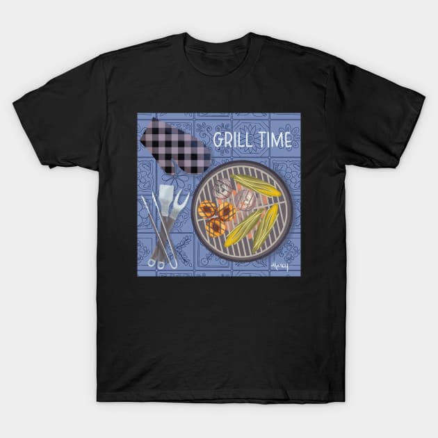 Grill Time on Blue Background T-Shirt by MarcyBrennanArt